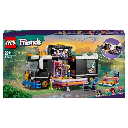 LEGO Friends 42619 Tour Bus delle Pop Star, Giochi per Bambini 8+, Modello da Costruire di Autobus Giocattolo e 4 Mini Bamboline