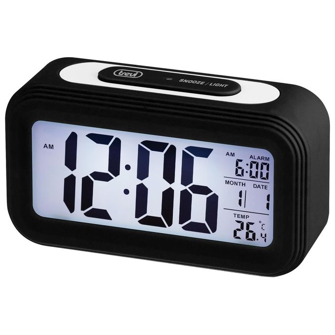 Trevi SLD 3068 S Orologio Termometro Digitale con Sveglia Grande Display LCD Calendario Sensore per Illuminazione Automatica Funzione Snooze Nero