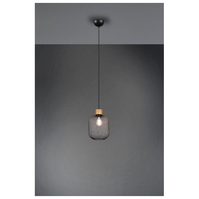 Trio Lighting Calimero Sospensione Rete Metallo Nero Con Particolare In Legno Naturale D. 18Cm