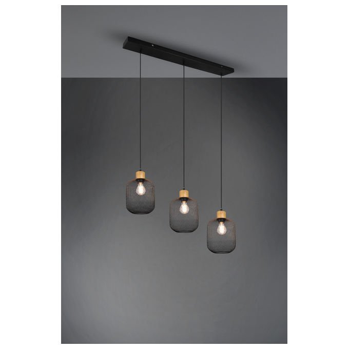 Trio Lighting Calimero Sospensione Barra 3 Diffusori A Rete Metallo Nero Con Particolare In Legno Naturale L. 80Cm