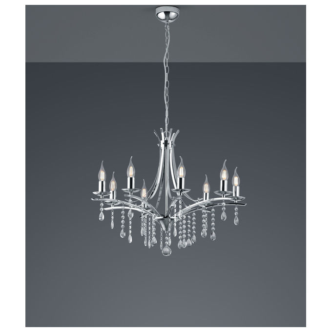 Trio Lighting Lucerna Lampadario 8 Luci Metallo Cromato E Pendagli Trasparenti D. 69Cm