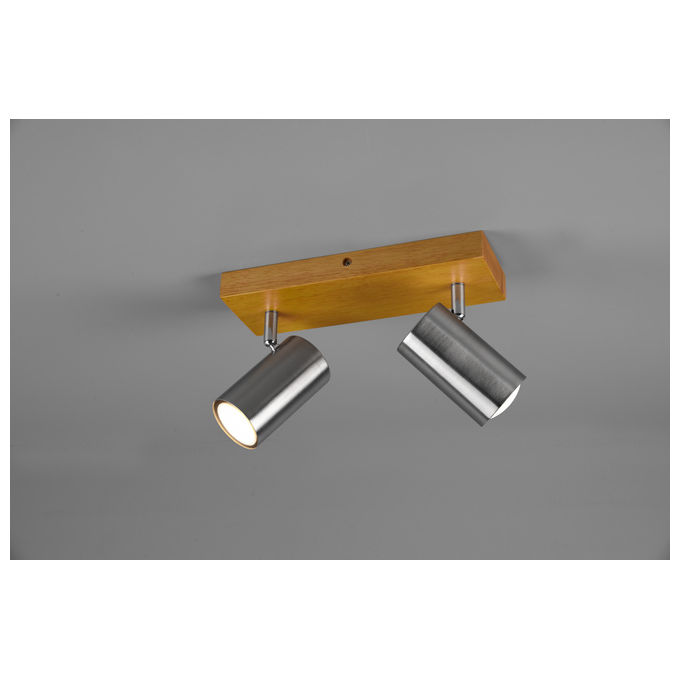 Trio Lighting Marley Barra 2 Spots Cil. Acciaio Base Legno Naturale L. 31,5Cm