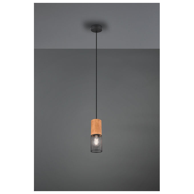 Trio Lighting Tosh Sospensione Cilindro Gabbia Metallo Nero Opaco E Legno D. 9Cm