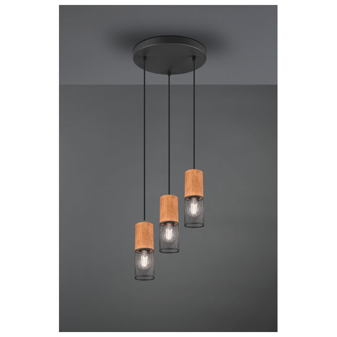 Trio Lighting Tosh Sospensione 3 Cilindri Gabbia Metallo Nero Opaco E Legno D. 28Cm