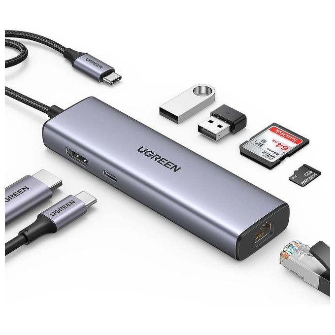 Ugreen Hub USB C Ethernet Gigabit Adattatore USB C a HDMI 4K 30Hz Lettore di Scheda SD TF