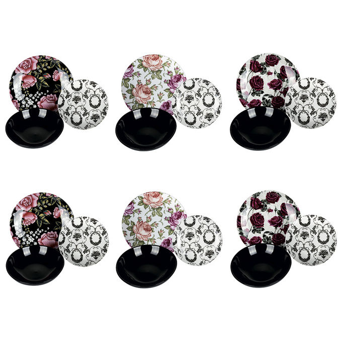 VDE TIVOLI 1996 Rose Baroque Servizio Tavola 18 Pezzi In Porcellana E Gres, 6 Posti Tavola In 3 Decori