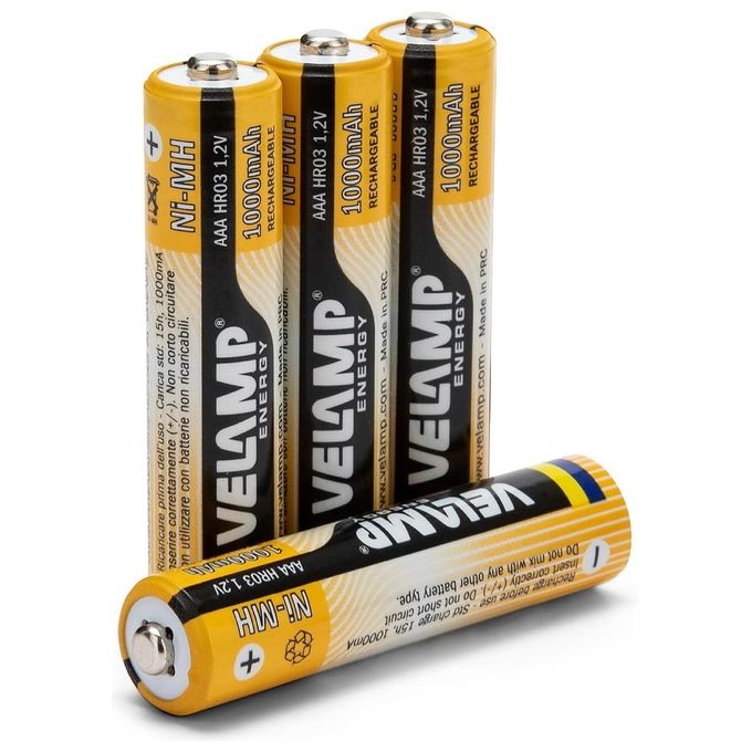 Velamp HR03/4BP Batterie Ricaricabili Mini Stilo AAA ad Alta Capacita' 1.2V 1000 mAh Tecnologia Ni-MH 4 Pezzi