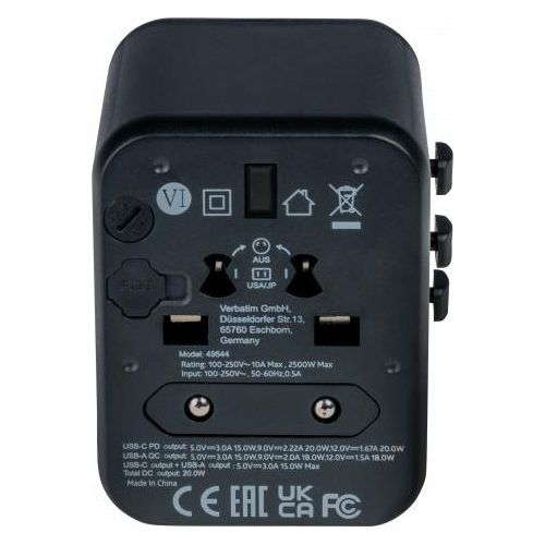 Verbatim Adattatore da Viaggio Universale UTA-02 Plug con Porte USB-C PD e USB-A QC nero