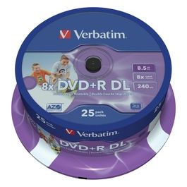 DVD R Double Layer Inkjet Printable 8x Capacità: 8.5GB Velocità: 8x Confezione: 25 Pack Spindle/Campana
