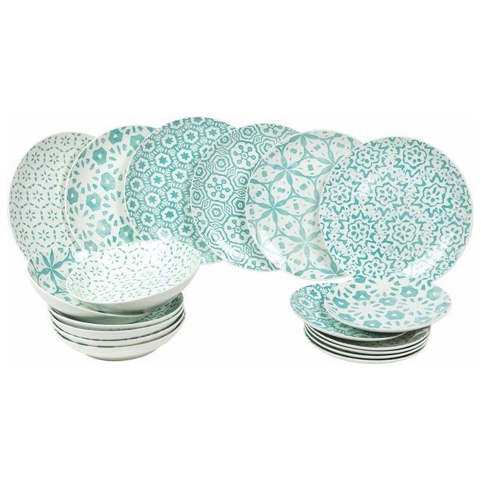 Servizio Tavola 18 Pezzi Rose Blue In Earthenware Bianco Decoro Blu