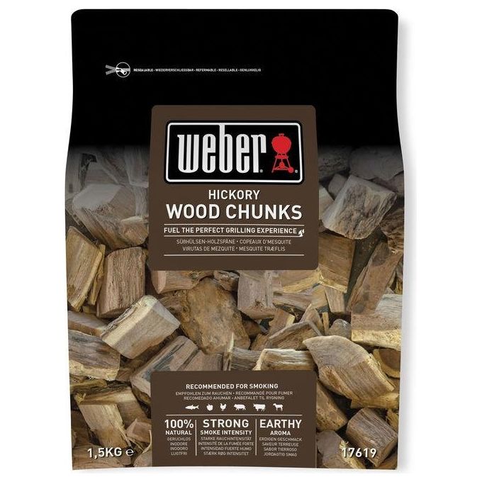 Weber 17619 Legna per Affumicatura Hickory in Pezzi 1,5 Kg Sacchetto Richiudibile per Barbecue a Carbone