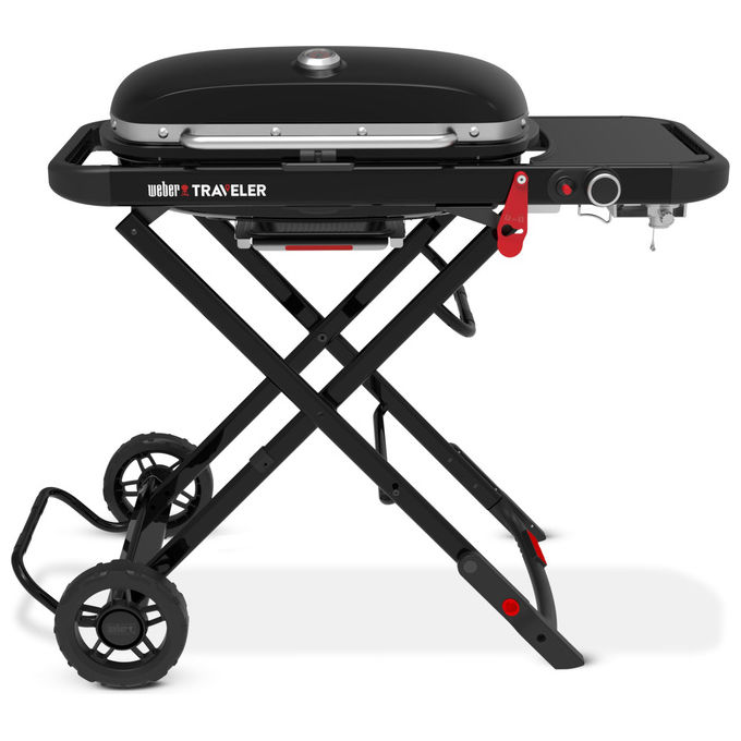 Weber Traveler barbecue a gas portatile 1501745 1 bruciatore 3,8 kW griglie in ghisa smaltata 2065 cm² pieghevole con ruote nero