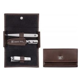 CLASSIC INOX Set per Manicure e Pedicure Custodia Bottone a Pressione Marrone 3 Pezzi
