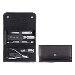 CLASSIC INOX Set per Manicure e Pedicure Custodia Bottone a Pressione Nero 5 Pezzi
